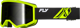 Fly Racing Focus goggles in black and hi-vis with dark smoke hydrophobic lens, designed for motocross or off-road riding.
