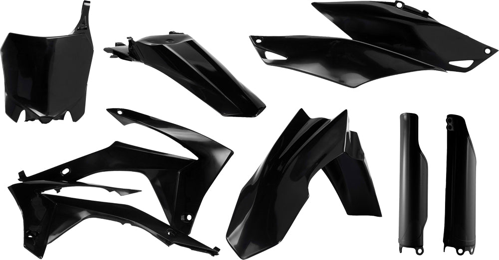 Acerbis full plastic kit in black, featuring various motorcycle body panels and fairings, designed for durable off-road riding.