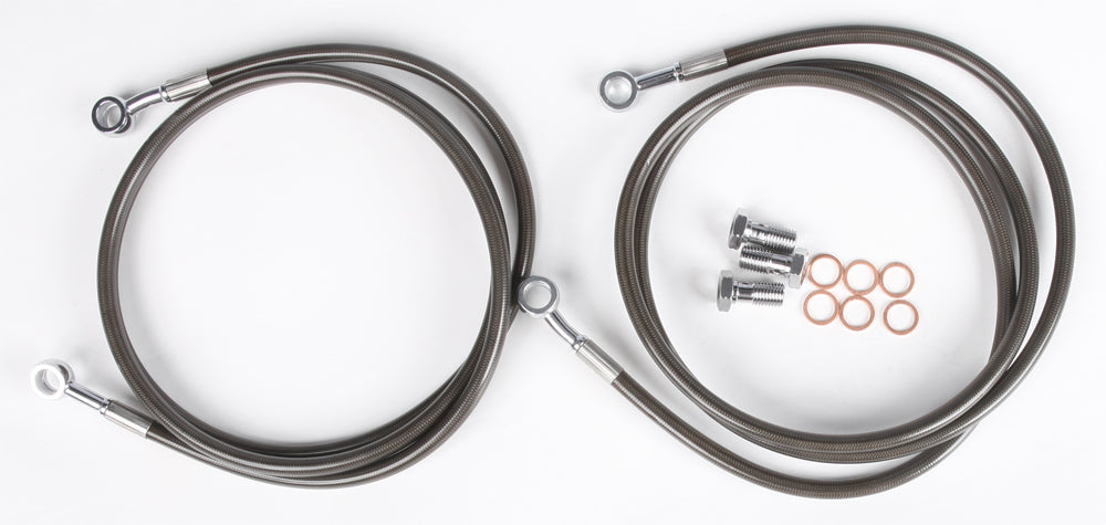 Streamline brake line for front 2-line Yamaha models, featuring two brake hoses with silver fittings on black tubing.