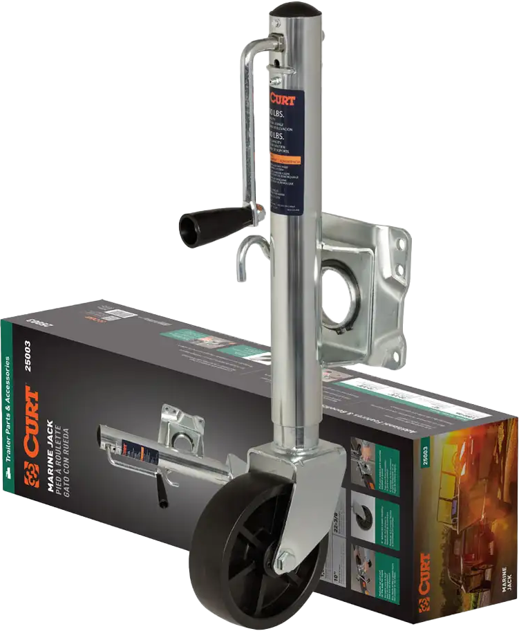 CURT Marine Trailer Jack with 6-inch wheel, 1000 lbs capacity, 10-inch travel, for towing and trailer support.