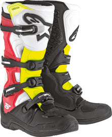 Alpine Star Tech 5 motorcycle boots in black, white, red, and yellow with size 13, showcasing durable design and secure fit