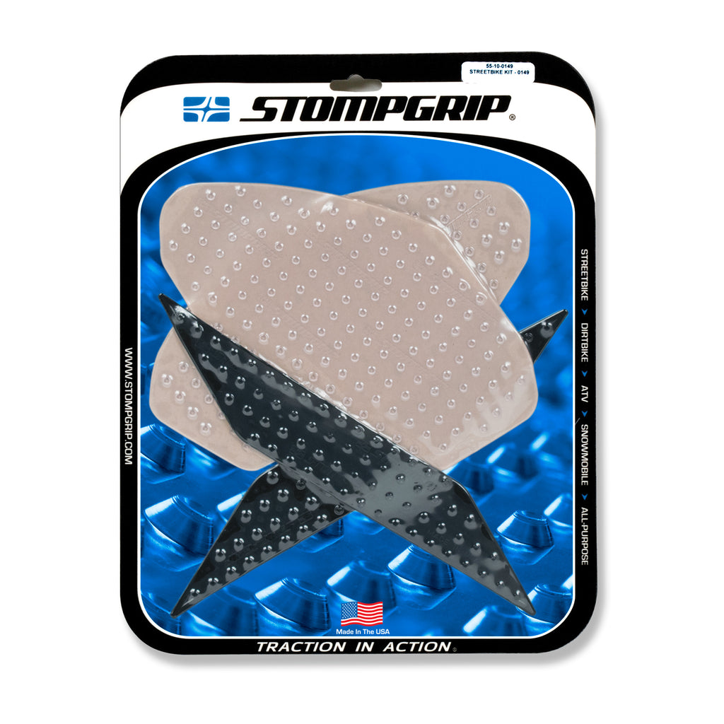 Stompgrip Tank Pad Kit Volcano Clear for street motorcycles, featuring textured, transparent rubber grip pads on a bike tank.