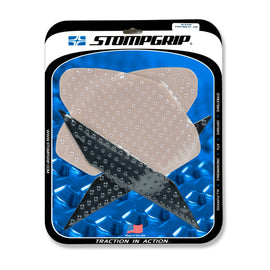 Stompgrip Tank Pad Kit Volcano Clear for street motorcycles, featuring textured, transparent rubber grip pads on a bike tank.