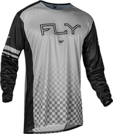 Fly Racing Rayce bicycle jersey in black and grey with short sleeves, lightweight and breathable for cycling comfort.