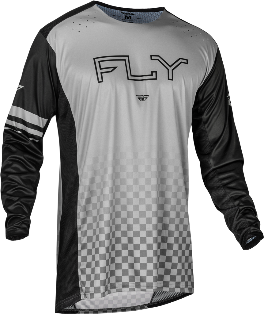 Fly Racing Rayce bicycle jersey in black and grey, short-sleeve with breathable fabric, size medium, designed for cycling comfort.