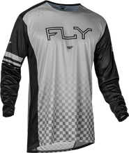 Load image into Gallery viewer, Fly Racing Rayce bicycle jersey in black and grey, short-sleeve with breathable fabric, size medium, designed for cycling comfort.