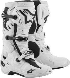 Alpine Star Tech 10 Supervented motorcycle boots in white, size 14, with protective features and ventilation design.