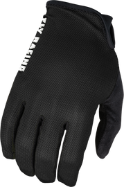 Black Fly Racing Mesh Gloves with breathable fabric and secure wrist closure, designed for riding comfort and dexterity.