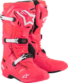 Alpine Star Tech 10 Diva Pink and White motocross boots with adjustable straps and protective features, size 7.