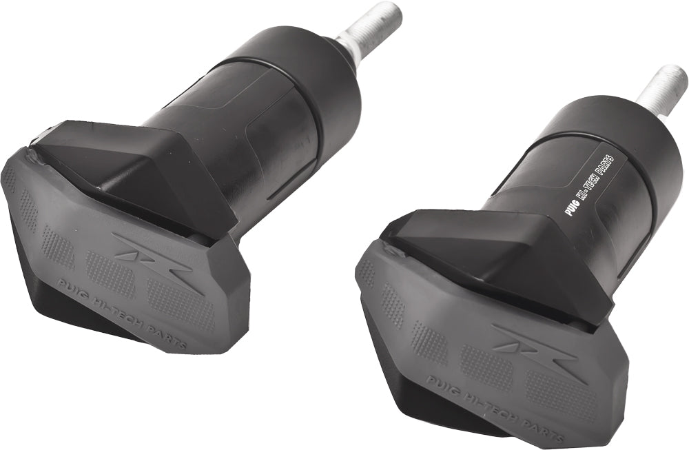 PUIG Frame Sliders R12 Black for motorcycle body protection, shown mounted on a bike with a sleek black finish.