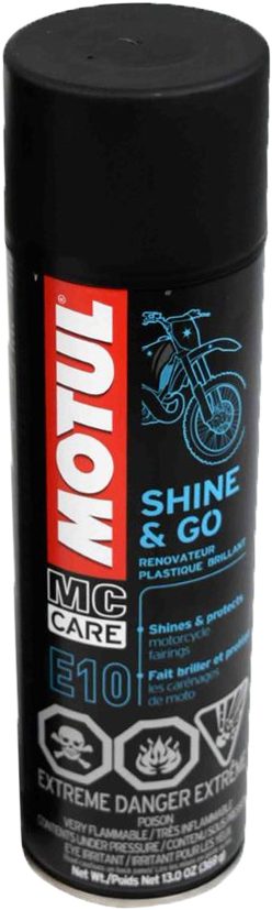 Motul Shine & Go chemical bottle with label, 13 oz size, part of a 12-pack, designed for automotive cleaning and shine.