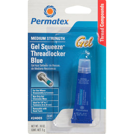 Permatex Blue Threadlocker Gel 5g applied to metal threads for secure fastening and vibration resistance.