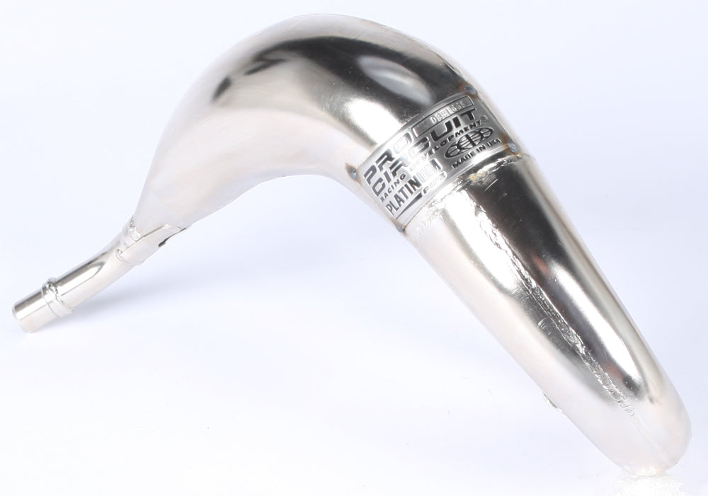 Pro Circuit P/C Platinum exhaust pipe for motocross bikes, showcasing the silver metal finish and sleek design.