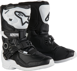 Alpine Star Tech 3s kids riding boots in white and black, size 11, with protective ankle and sole details.