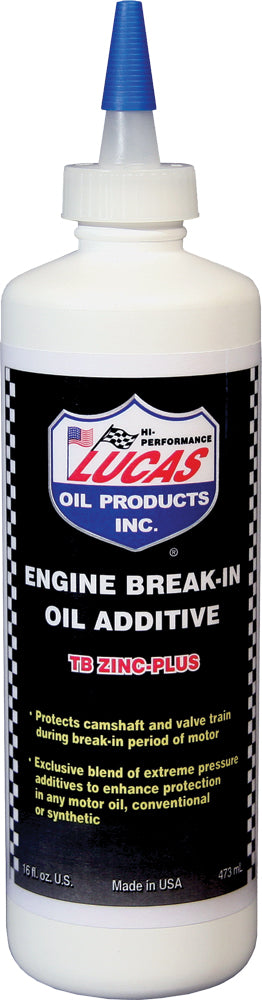 LUCAS Engine Break-In Oil Additive 16 oz bottle, automotive chemicals for engine protection and performance.