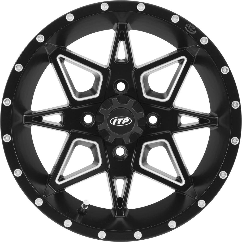 ITP Tornado off-road wheel 15x7 inches, 4/110 bolt pattern, black with machined accents, suitable for rugged off-road vehicles.