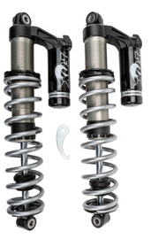 Fox 2.0 QS3 shock absorber for rear suspension of a 2-seater vehicle, shown in black with mounting components.