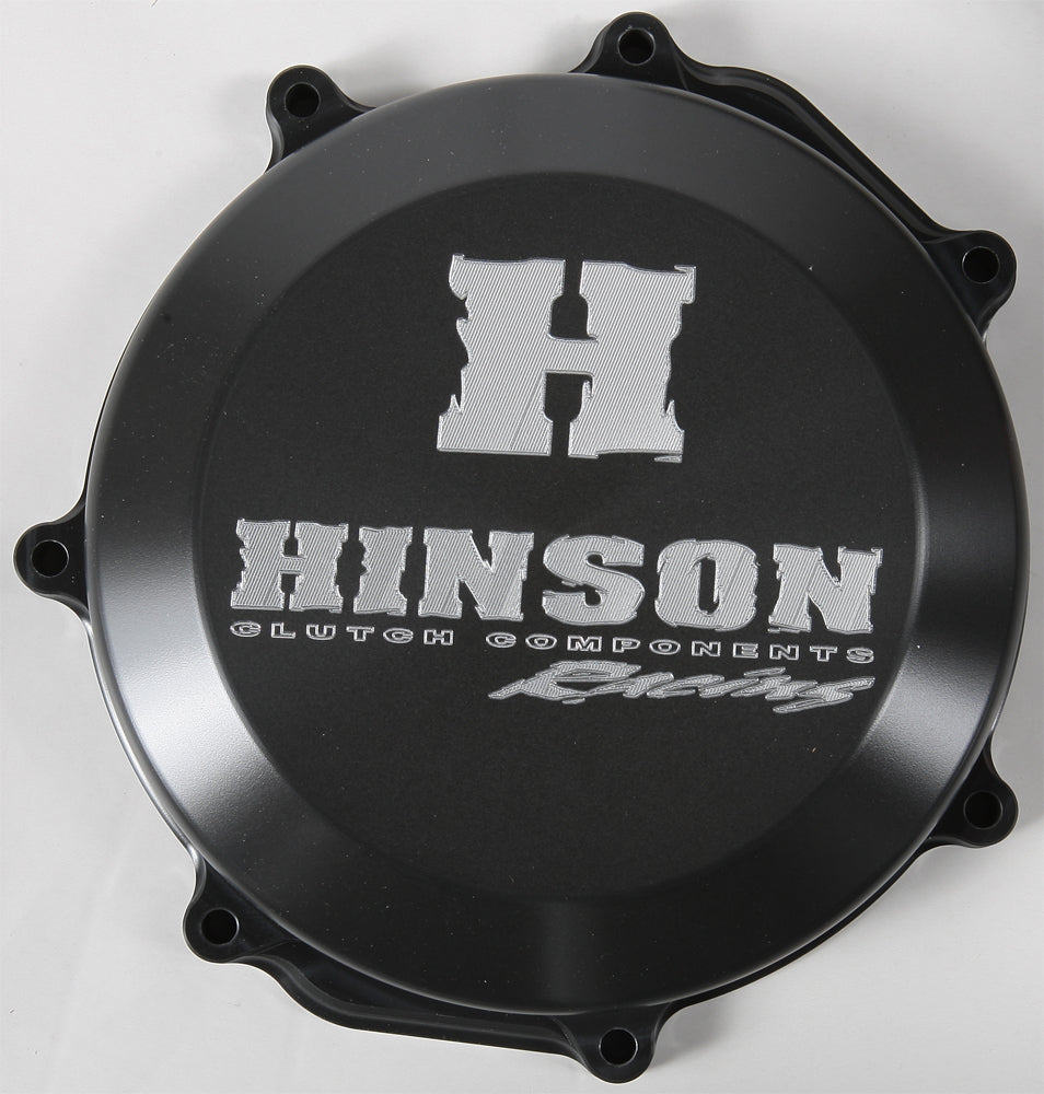 Hinson clutch cover for Yamaha YZ450F engine, model 10-19, with detailed metal construction and branding visible.