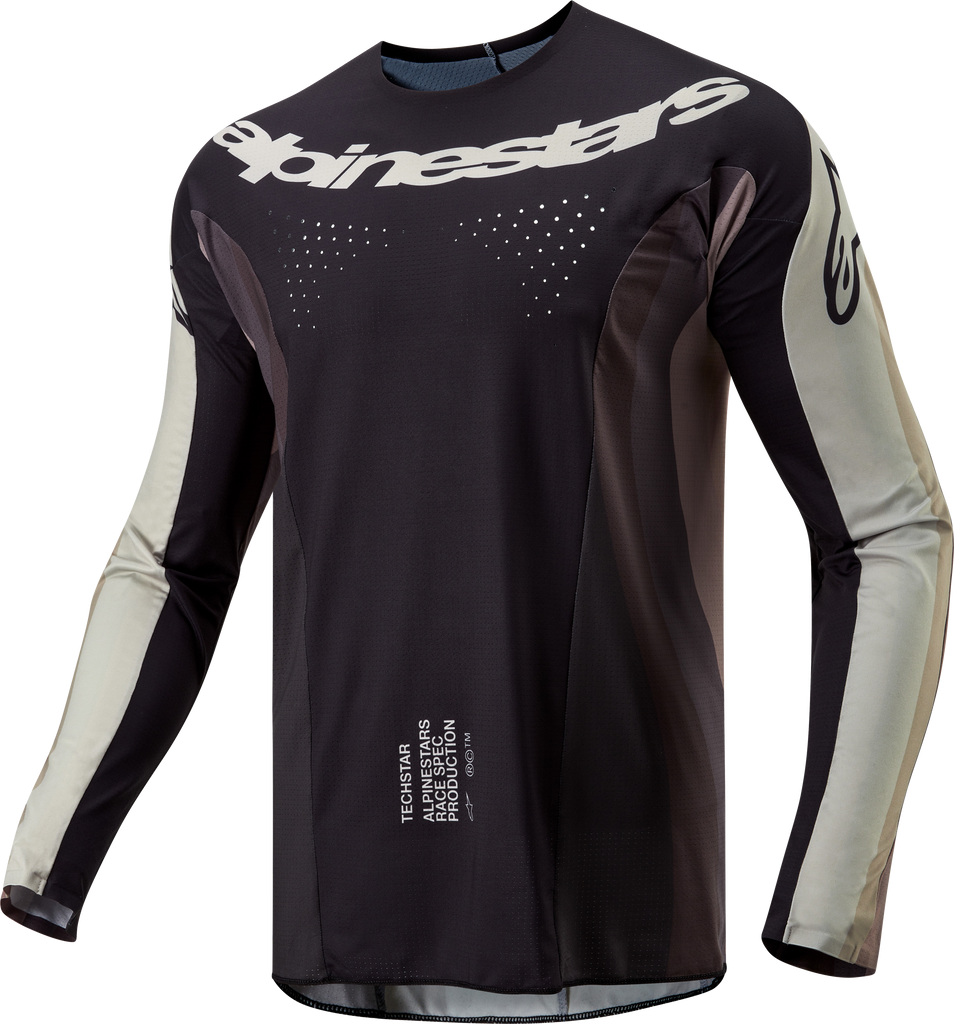 Alpine Star Techstar Pneuma Jersey in dark sand, iron, and dust grey, shown in size small with breathable fabric details.