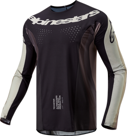 Alpine Star Techstar Pneuma Jersey in dark sand, iron, and dust grey, shown in size small with breathable fabric details.
