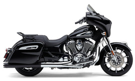 Cobra 4-inch black slip-on exhaust for Indian Gen-2 Bag motorcycles, showing the sleek metal finish and compact design.