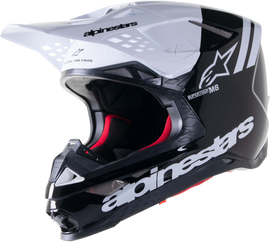 Alpine Star S-M8 Radium 2 helmet in black and white with sleek design, featuring adjustable straps and ventilation openings.