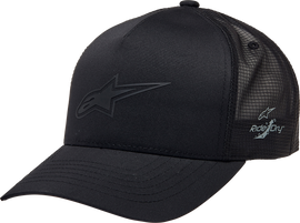 Alpine Star Advantage Tech Trucker hat in black with adjustable snapback, featuring embroidered logo and mesh back for ventilation.