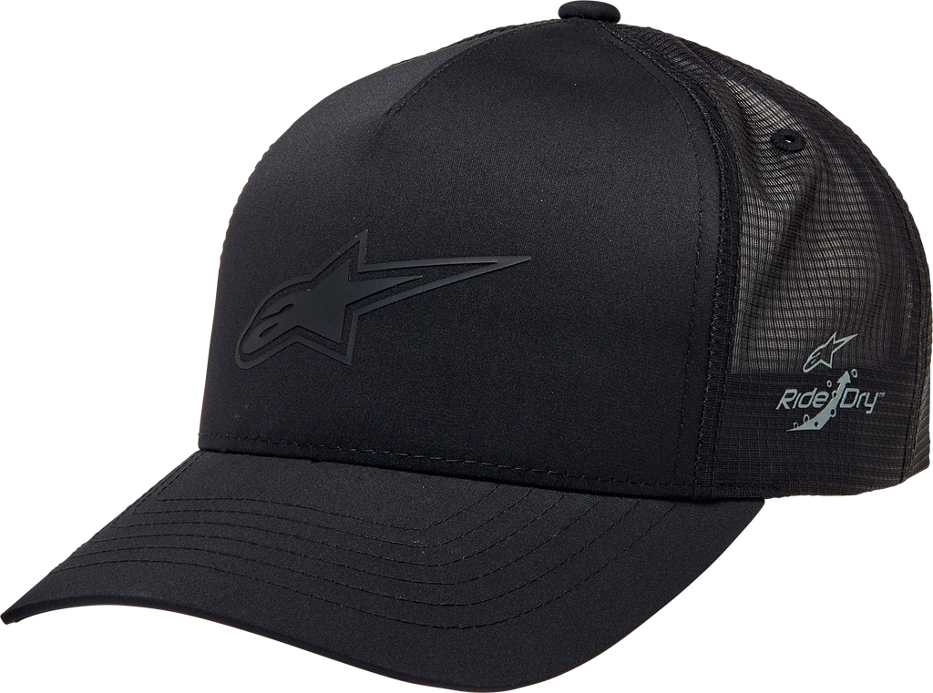 Alpine Star Advantage Tech Trucker hat in black with mesh back and adjustable strap, featuring the Alpine Star logo.