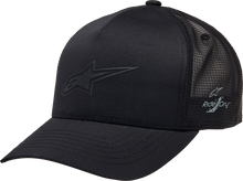 Load image into Gallery viewer, Alpine Star Advantage Tech Trucker hat in black with mesh back and adjustable strap, featuring the Alpine Star logo.