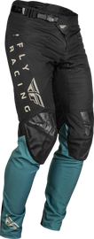 Fly Racing Radium bicycle pants in black, evergreen, and sand, size 34, featuring durable fabric and a snug fit for cycling.