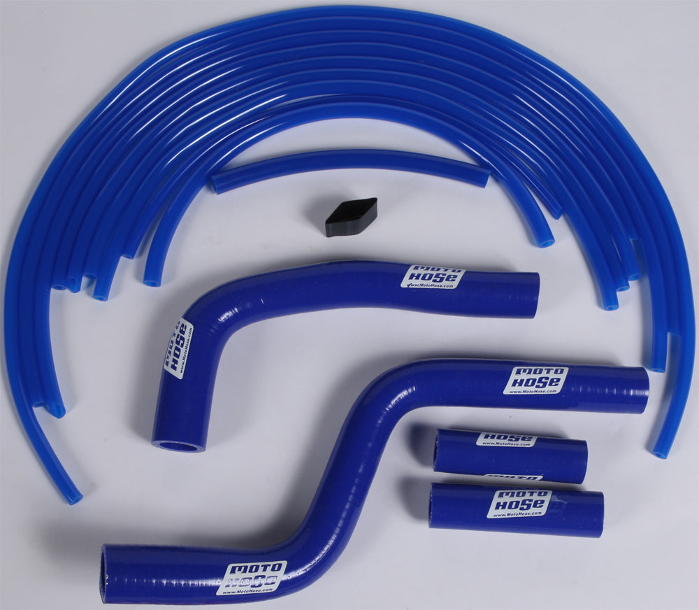 Blue Moto Hose silicone engine hose kit with multiple curved and straight hoses, designed for vehicle engine cooling and performance.