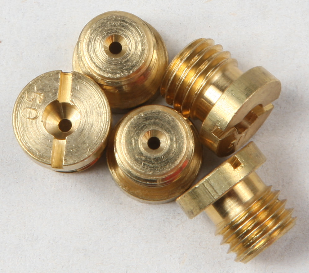 Cycle Pro S&S main jets #.050, set of five, for motorcycle carburetors, shown in the image with metallic finish and precise sizing.