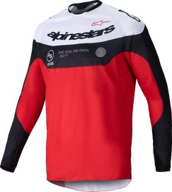 Alpine Star Pro-Dura Jersey in black, bright red, and white featuring a sporty design and breathable fabric for motocross riding.