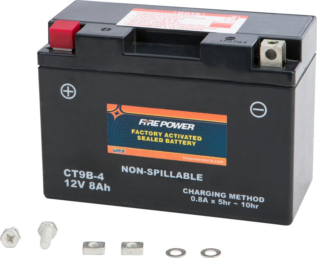 Fire Power CT9B-4 sealed factory-activated battery, compact and durable for various electronic devices.