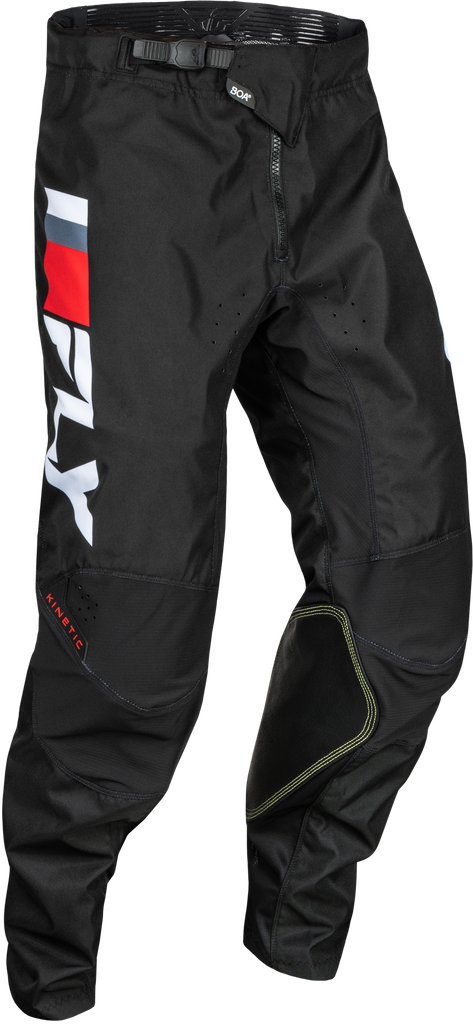Fly Racing Kinetic Prix riding pants in red, grey, and white, size 32, featuring durable fabric and motocross design.