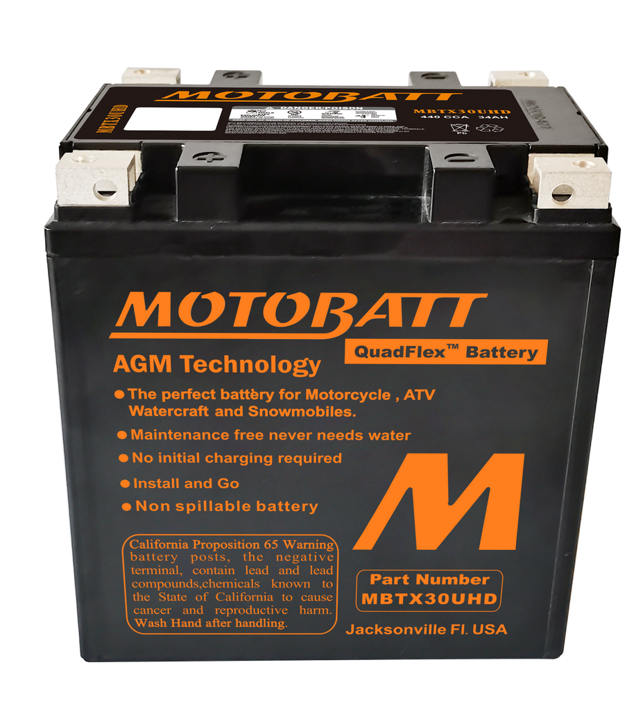 Motobatt MBTX30U-HD sealed factory-activated motorcycle battery with positive and negative terminals visible.