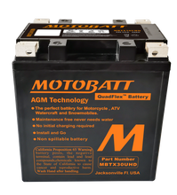 Load image into Gallery viewer, Motobatt MBTX30U-HD sealed factory-activated motorcycle battery with positive and negative terminals visible.