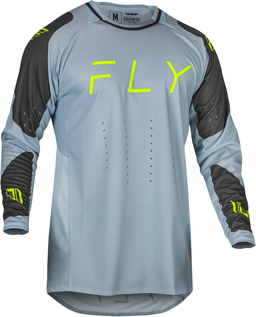 Fly Racing Evolution DST jersey in ice grey, charcoal, and neon green, featuring lightweight fabric and moisture-wicking design.