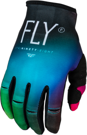 Fly Racing Youth Kinetic Prodigy gloves in fuchsia, electric blue, and hi-vis colors, designed for motocross and off-road riding.