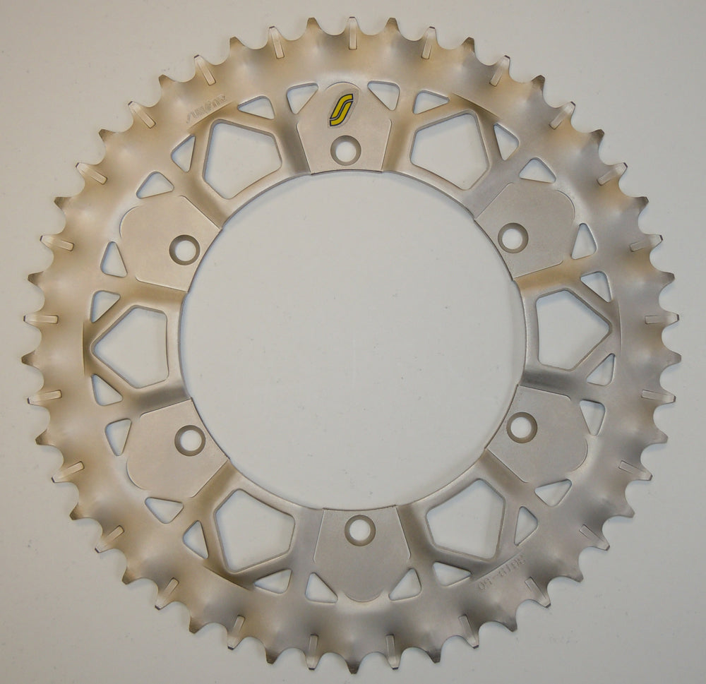 Sunstar Rear Works-Z steel 52-tooth sprocket for 520 Kaw/Suz street bikes, showing the shiny steel construction and gear teeth.