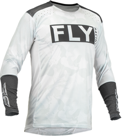 Fly Racing Lite L.E. Stealth jersey in white and grey, showcasing lightweight, breathable motocross apparel with sleek design.