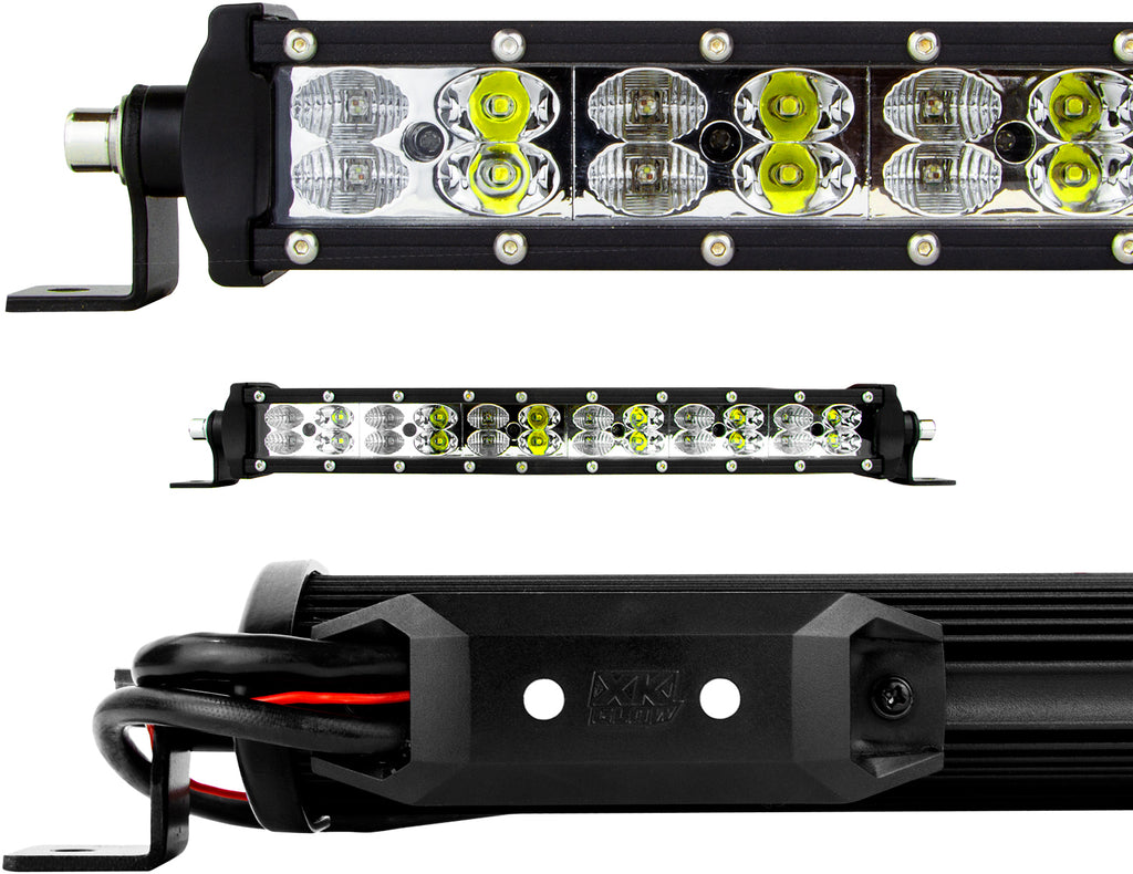 XK Glow 14-inch RGBW light bar for vehicle illumination, showing bright multi-color LED lights in a sleek black casing.