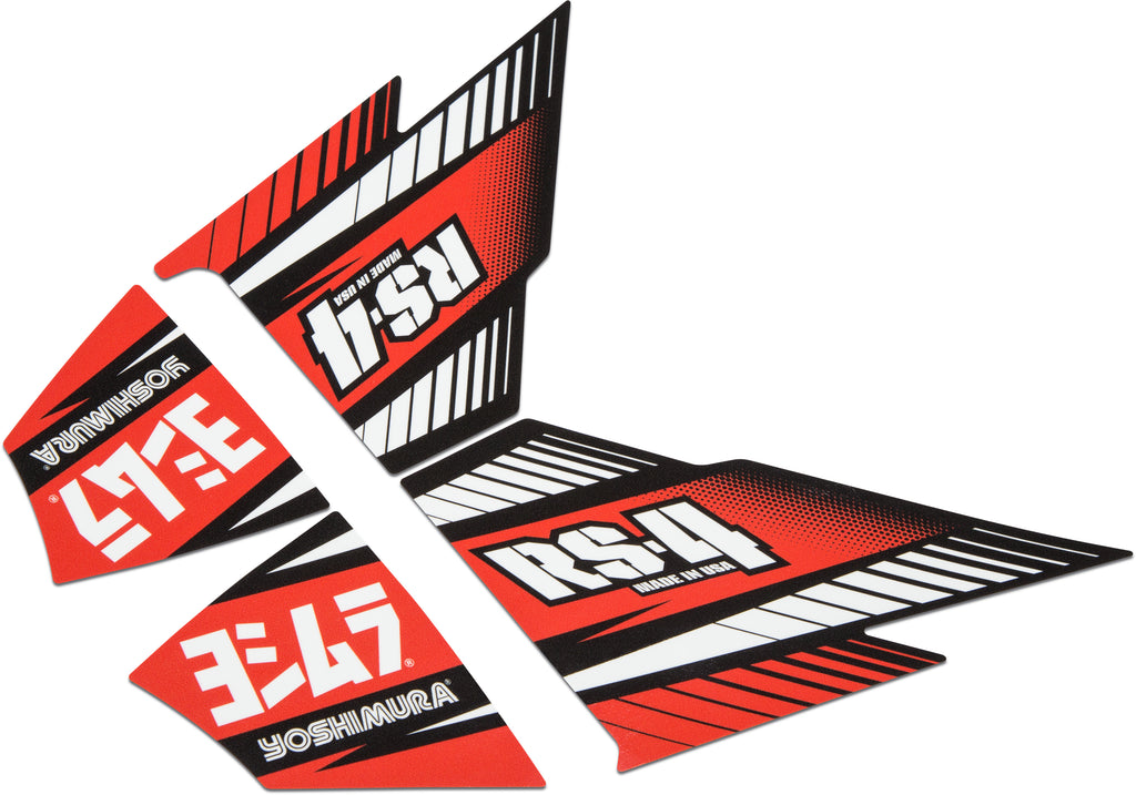 Yoshimura Rs-4 Muffler Decal Set with four graphic stickers for motorcycle exhaust systems, featuring bold Yoshimura branding.