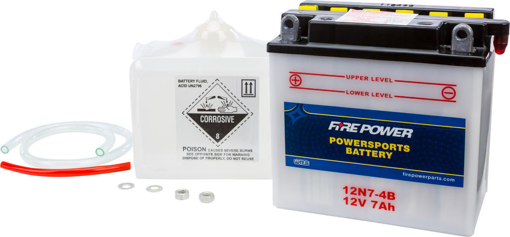 Fire Power 12V Battery with Acid, model 12N7-4B, showing the battery with terminals and label details.