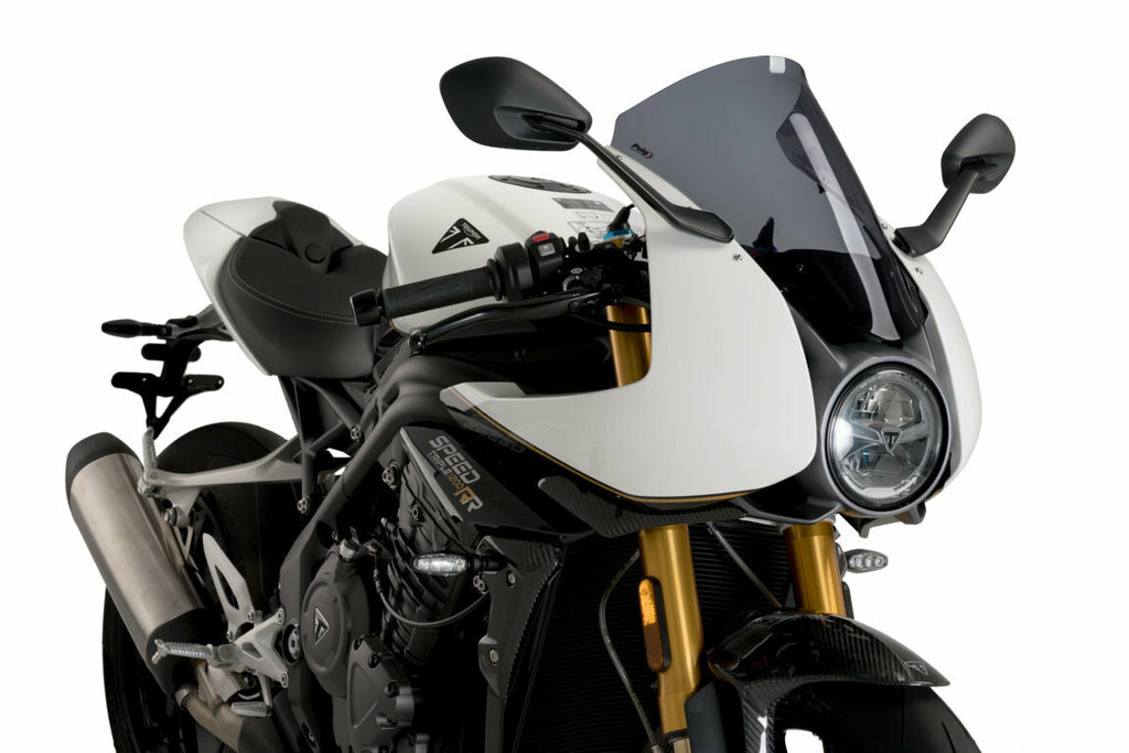 PUIG R-Racer dark smoke motorcycle windscreen, aerodynamic windshield for enhanced rider protection and style.