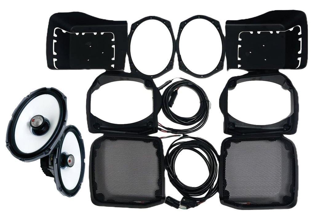 Cerwin-Vega 6x9 cut-in lid kit with SM69F4 speakers for Harley FLH bags, compatible with 2014-2023 models.