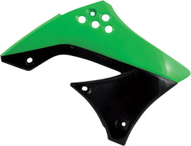 Acerbis radiator shrouds in green and black for motorcycle cooling system, featuring sleek design and brand logo.