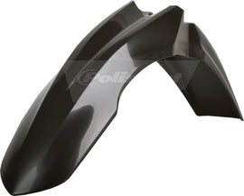 Polisport Plastics black front fender for motorcycles, model 64-05611, showing the curved plastic design and mounting points.