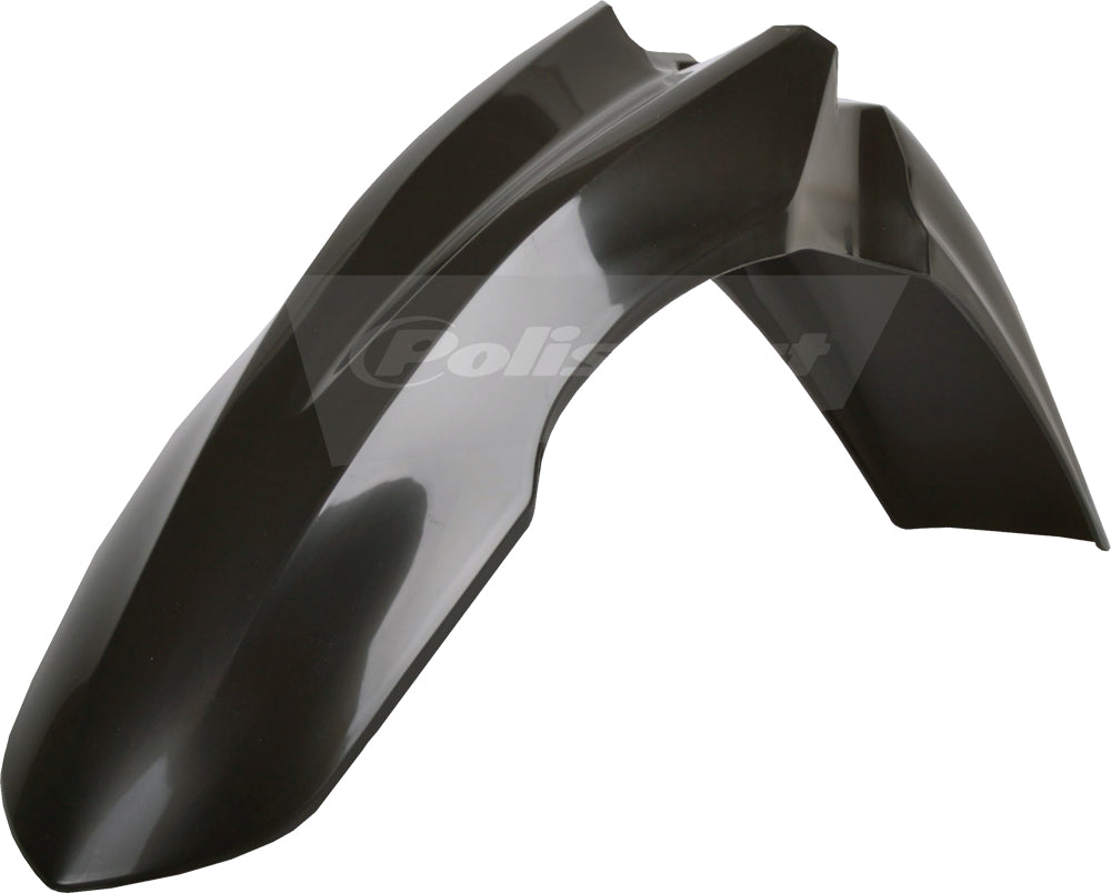 Black Polisport Plastics front fender for motorcycles, shown in the image with a sleek, durable design and mounting points.