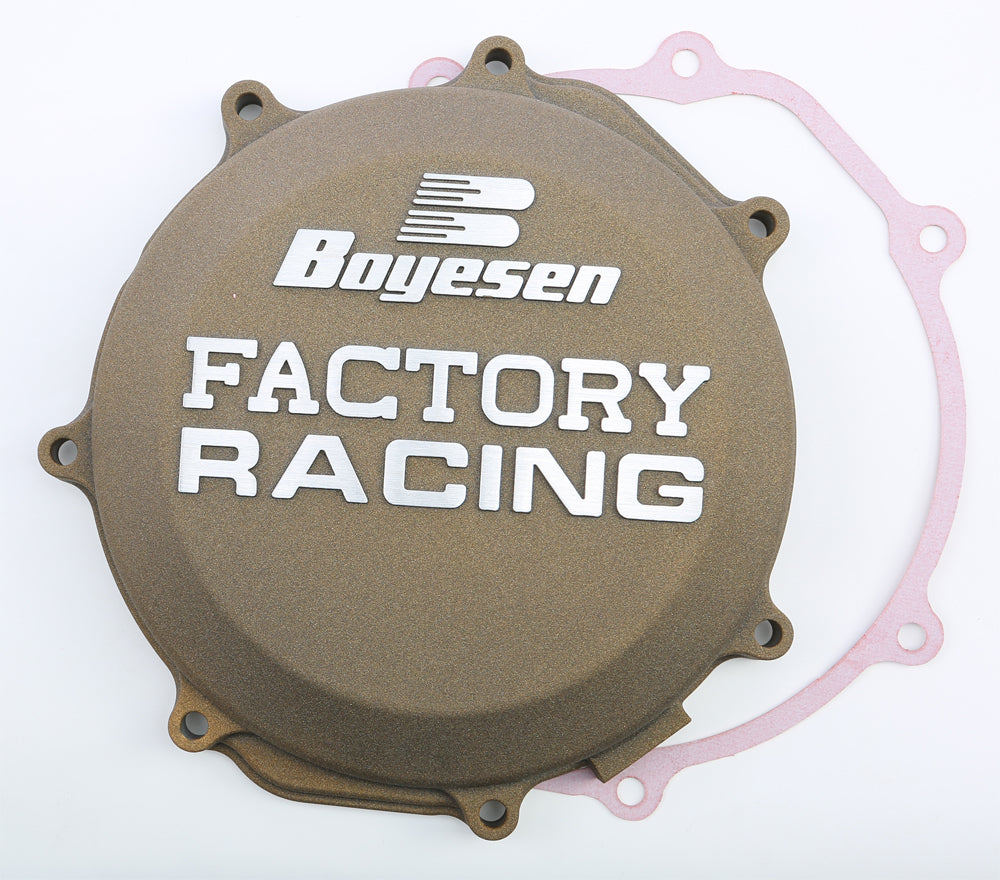 Boyesen Factory Racing magnesium clutch cover for off-road motorcycles, showcasing a sleek, durable design with branding details.